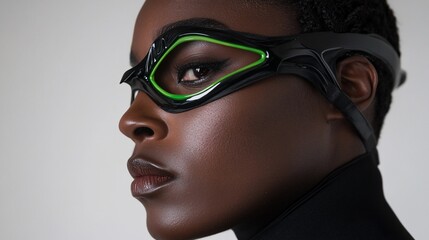 Futuristic Fashion: A Black Woman Model Wearing Striking Green and Black Goggles