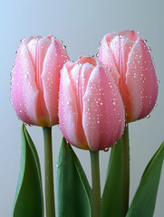 Fototapeta premium Fresh pink tulips adorned with water droplets, showcasing their delicate petals and vibrant colors, perfect for spring themes