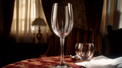 beautifully crafted crystal wine glass on elegant table setting, reflecting light in luxurious room. ambiance is warm and inviting, perfect for fine dining