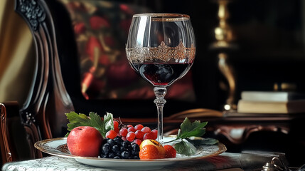 luxurious glass of red wine sits elegantly on decorative plate with fresh fruits, creating sophisticated and inviting atmosphere