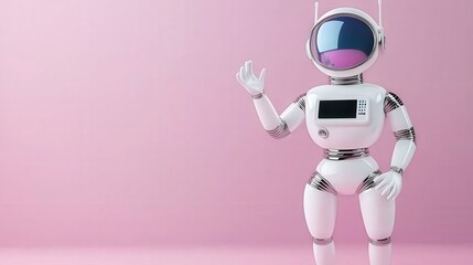 Cute Futuristic Robot Character Standing on Pink Background