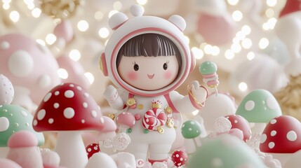 Cute Astronaut Character Surrounded by Colorful Candy and Mushrooms