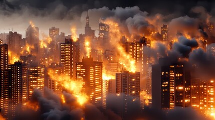 Fototapeta premium A dramatic scene of a city skyline engulfed in flames and smoke, depicting destruction and chaos amidst a burning urban landscape.