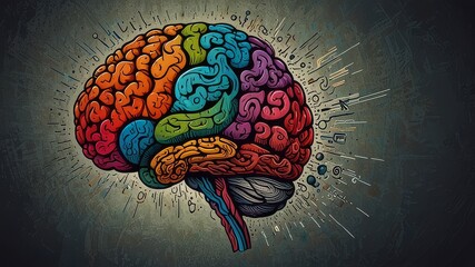  Left right human brain concept, textured illustration. Creative left and right part of human brain, emotial and logic parts concept with social and business doodle illustration of left side, and art 