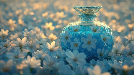 Enchanted Blue Perfume Bottle Amidst a Sea of Delicate White Flowers