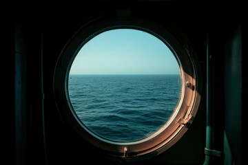 Fototapeta premium Porthole View Calm, blue sea with horizon viewed from ship. Travel stock