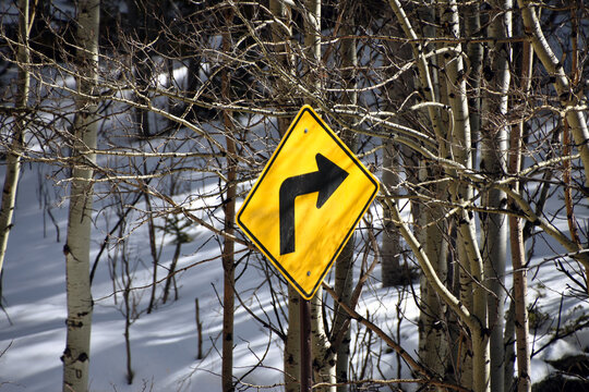 Sharp turn or curve road sign snowy woods background 
