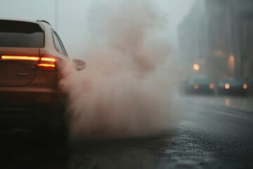 Car exhales emissions on street with vehicles in foggy urban background