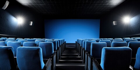 Fototapeta premium A modern, empty cinema with blue lighting and rows of plush seats, creating an inviting atmosphere for moviegoers.