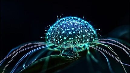 Close-up digital illustration of a glowing micro-ecosystem in a water droplet, perfect for scientific, ecological, and educational projects.