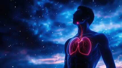 Naklejka premium A silhouette of a person against a cosmic backdrop, highlighting the lungs in a vibrant pink hue, symbolizing the connection between life and the universe.