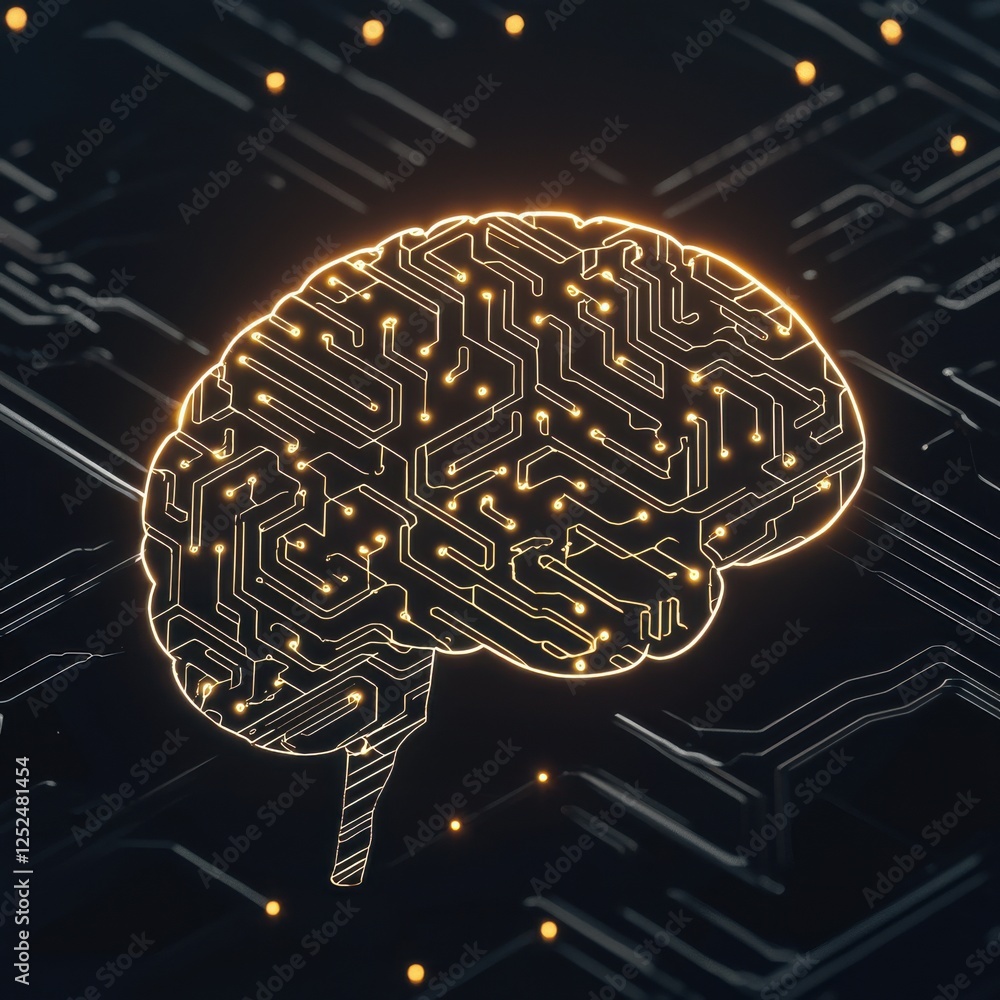 Poster futuristic digital brain with circuit patterns illuminated by bright lights on dark background
