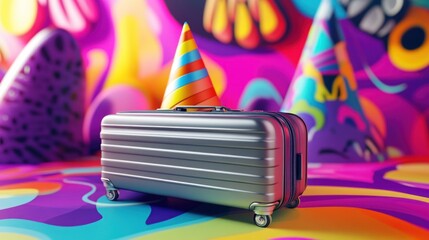 Suitcase, party hat, vibrant background, travel celebration