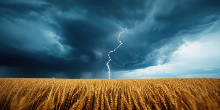 A dramatic storm looms over a golden wheat field, with striking lightning illuminating the dark, swirling clouds.