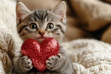 Naklejka premium Pixiebob - my preferred cat, symbol of care. Cute pixiebob baby cat with sparkling rhinestones red heart at cozy abode. Promotion pet animal concept art. Cute kitty romance.