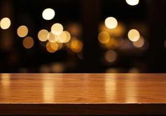 The simple elegance of an empty wooden table is captured in this image, with a blurred background and circular lights creating a warm and inviting setting