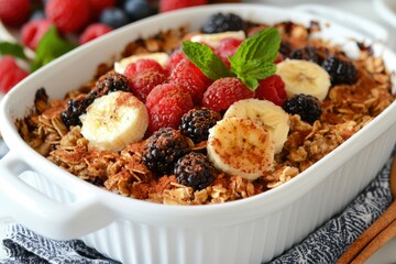 Baked oatmeal with berries & banana. Healthy food. Brunch. White countertop