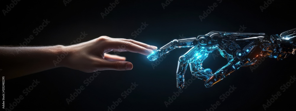 Aufkleber human and robot hands reaching out in a symbolic gesture of connection and collaboration in dark env