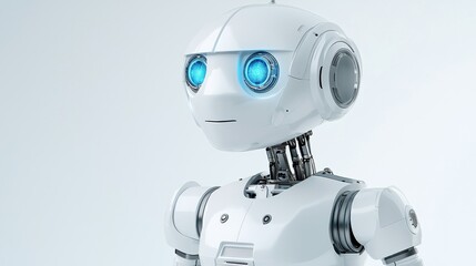A futuristic robot with bright blue eyes stands against a minimalist background, showcasing advanced design and technology.
