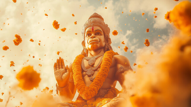 Hanuman Jayanti banner with red to golden yellow gradation, giant Hanuman statue standing majestically amidst clouds with clear sky background