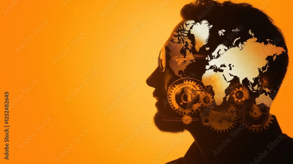 Poster human profile with abstract thought concepts and world map overlay on vibrant orange background