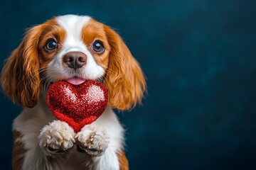 Promotion visual idea visual layout. Clumber spaniel - my desired dog. Cute clumber spaniel canine with sparkling rhinestones red heart - sign of love, funny greeting card. Heart and dog.