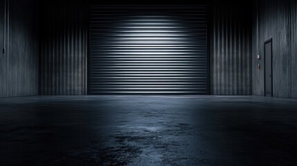 Dark warehouse interior, roller door, spotlight, concrete floor
