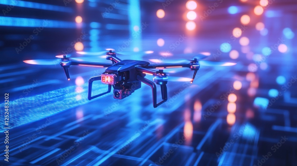 Poster futuristic drone hovering above a glowing circuit board background