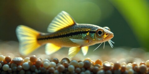 Fototapeta premium A Vibrant Yellow-Finned Fish Gracefully Swims Above a Bed of Small, Round Pebbles in a Tranquil Aquatic Environment