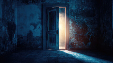 Obraz premium Open Door with Mysterious Blue Light in Dark Room