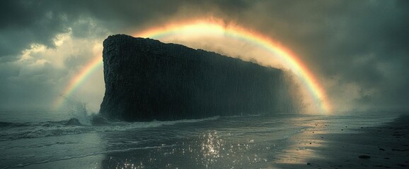 Dramatic Rainbow Over Stormy Ocean Rock