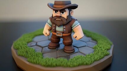Playful Cartoon Cowboy Character on Stone and Grass Base