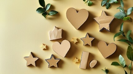 Fototapeta premium Cardboard Shapes and Leaves on Yellow Background