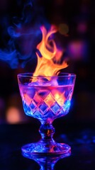 Glowing cocktail glass with vibrant flames against a dark abstract background, atmospheric and nightlife vibe concept