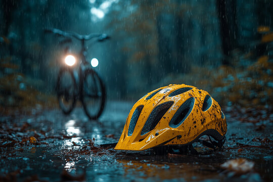 yellow helmet lies on wet ground under heavy rain, with bicycle in background. scene evokes sense of solitude and adventure in nature