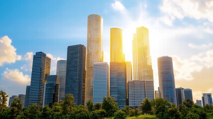 Fototapeta premium Modern Urban Cityscape with Skyscrapers Bathed in Sunshine and Surrounded by Greenery