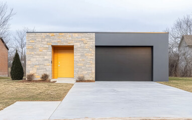 Modern home design featuring a striking yellow door and sleek stone facade