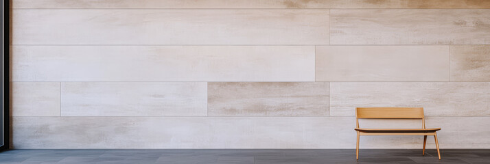 Modern minimalist interior with wooden bench and light-colored wall design