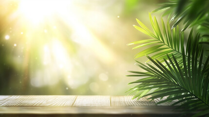 Palm Sunday banner with soft gold to white gradient, fresh green palm leaves spread out on a simple wooden surface, blurred background with soft bokeh effect