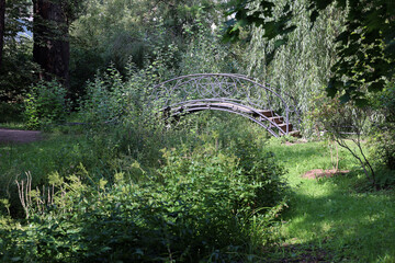 cast iron twisted bridge over a stream in an overgrown park