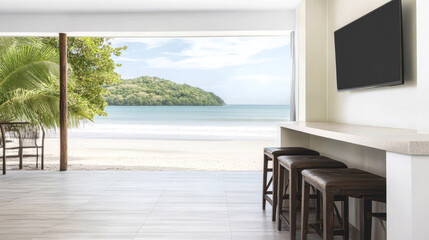 Fototapeta premium Beautiful beachfront view from modern coastal interior with seating area