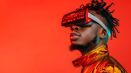 Man Wearing Virtual Reality Headset in Red Studio Backdrop