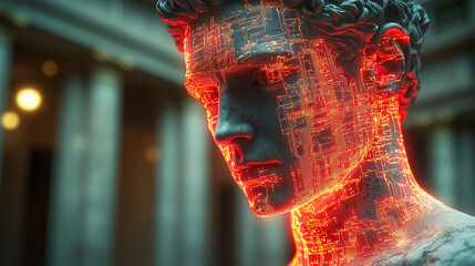 Surreal Combination of Ancient and Cybernetic Art historical landscapes fading into electronic voids