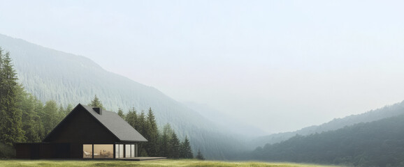 Fototapeta premium Modern cabin nestled in tranquil mountains during early morning fog