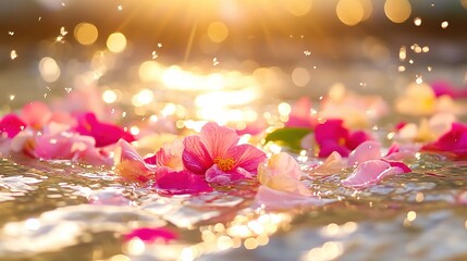Vibrant water splashes with floral petals during Thai Songkran, golden sunlight reflections, warm tropical tones.