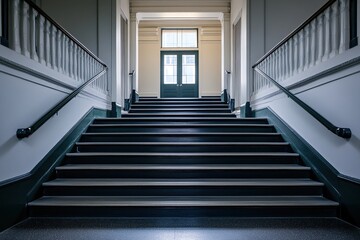 Fototapeta premium Ascending Classic Interior Staircase Leading to a Door, Elegant Building Architecture with Dark Wood Accents, and Intricate Railings.