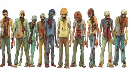 Fototapeta premium Group of Eerie Zombies with Distinctive Features in Various Attires and Expressions