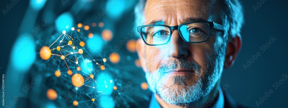 Poster thoughtful scientist observing digital connections and technologies with blue and orange neural netw