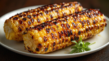 Grilled corn on the cob on a white plate, garnished with herbs