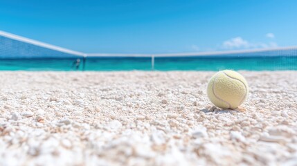 Obraz premium Tennis ball on beach, ocean court background, summer vacation